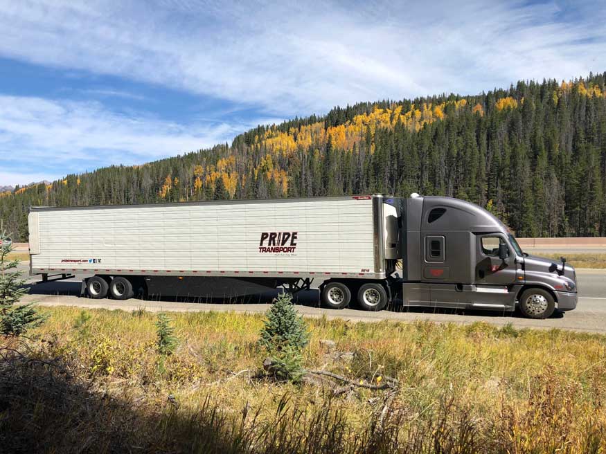 semi truck parked in front of a pine tree forest