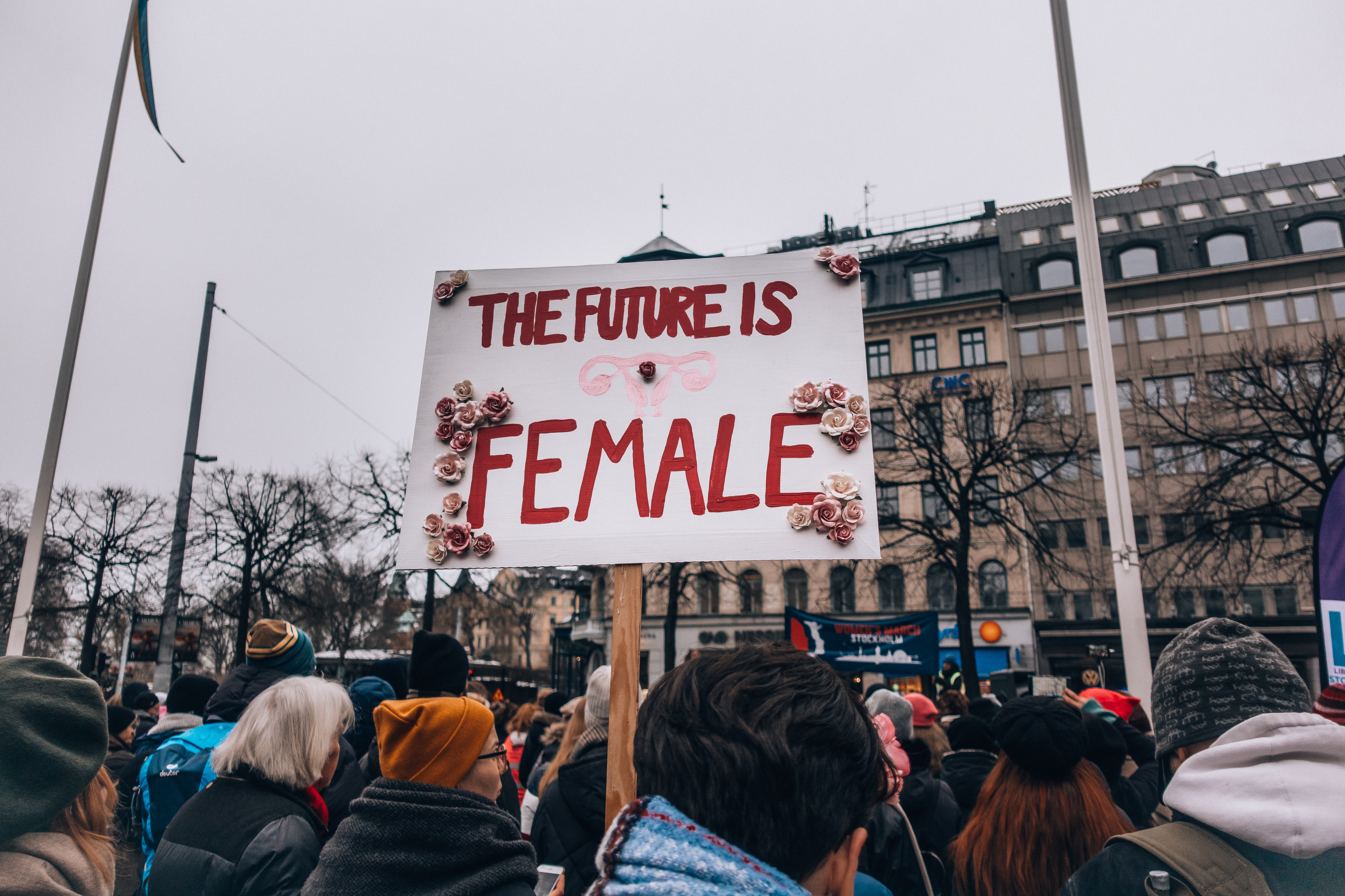 womens march participant holding a sign reading the future is female