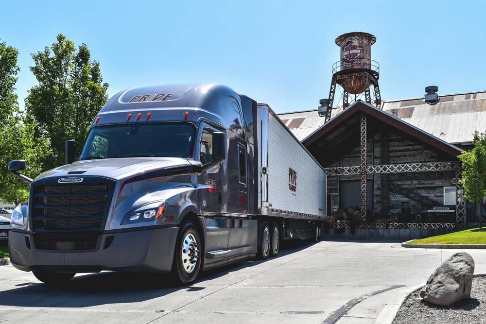 semi truck parked at a harley davidson dealership