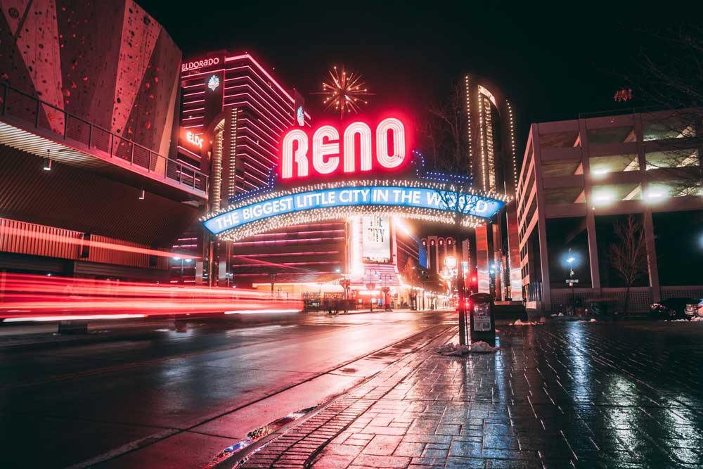 long exposure night view of famous Reno sign