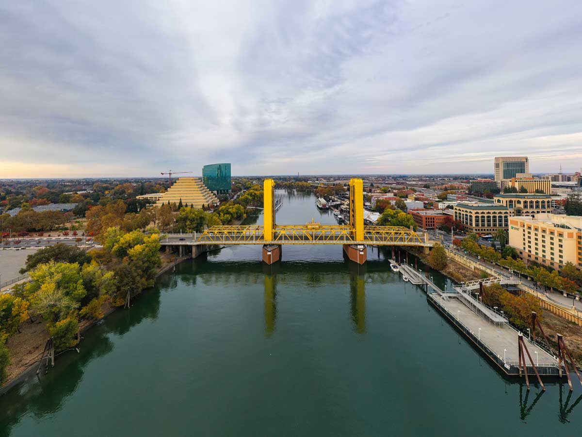 birds eye view of the Sacramento bridge and river