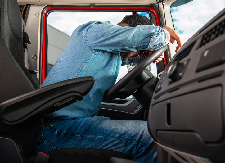 stock photo of man with head down on crossed arms on steering wheel presumably sleeping