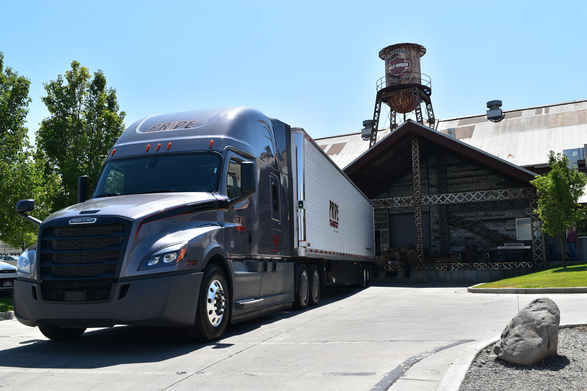 pride transport truck backed into Harley Davidson dock