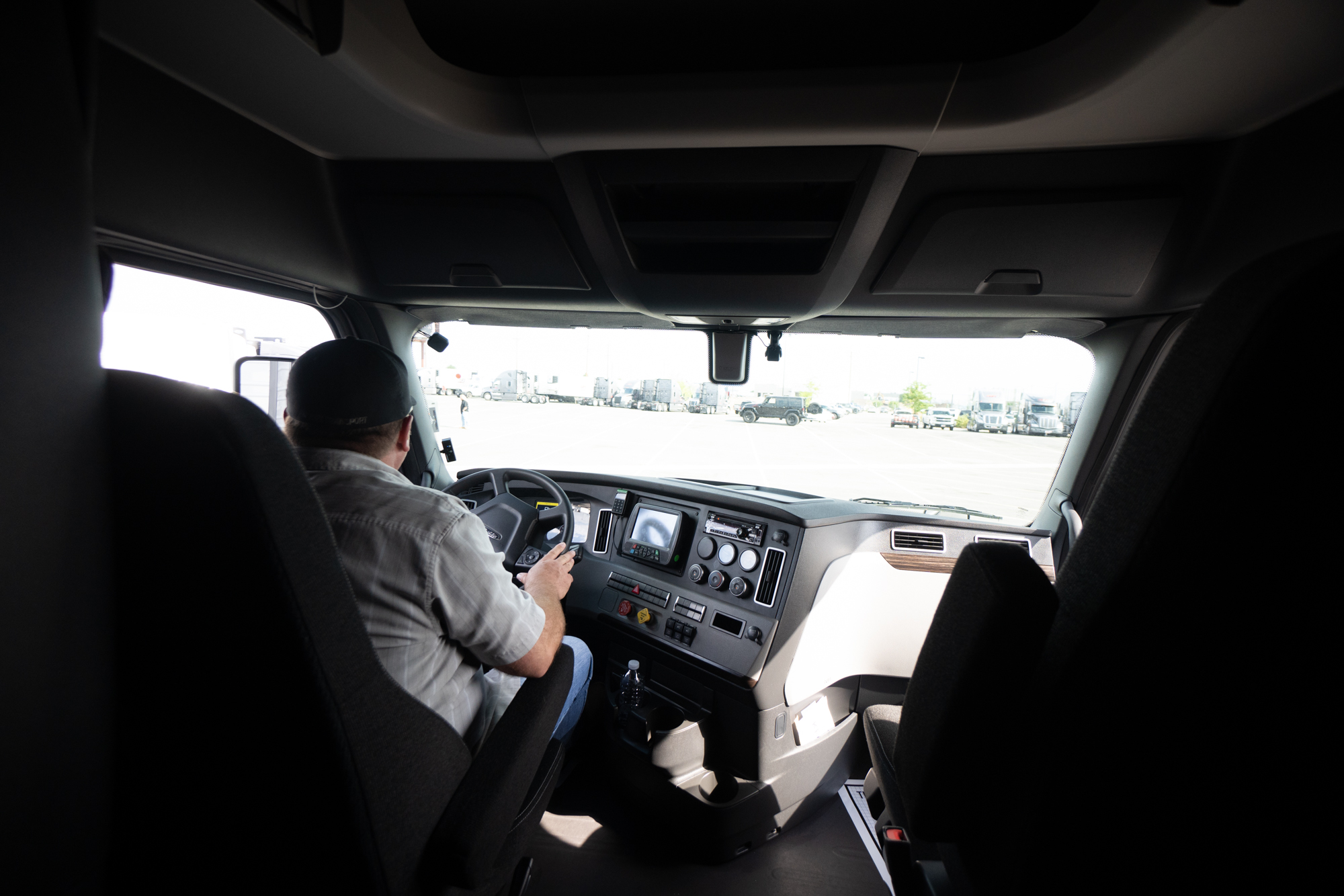 View from inside truck of Pride Transport employee in the driver's seat